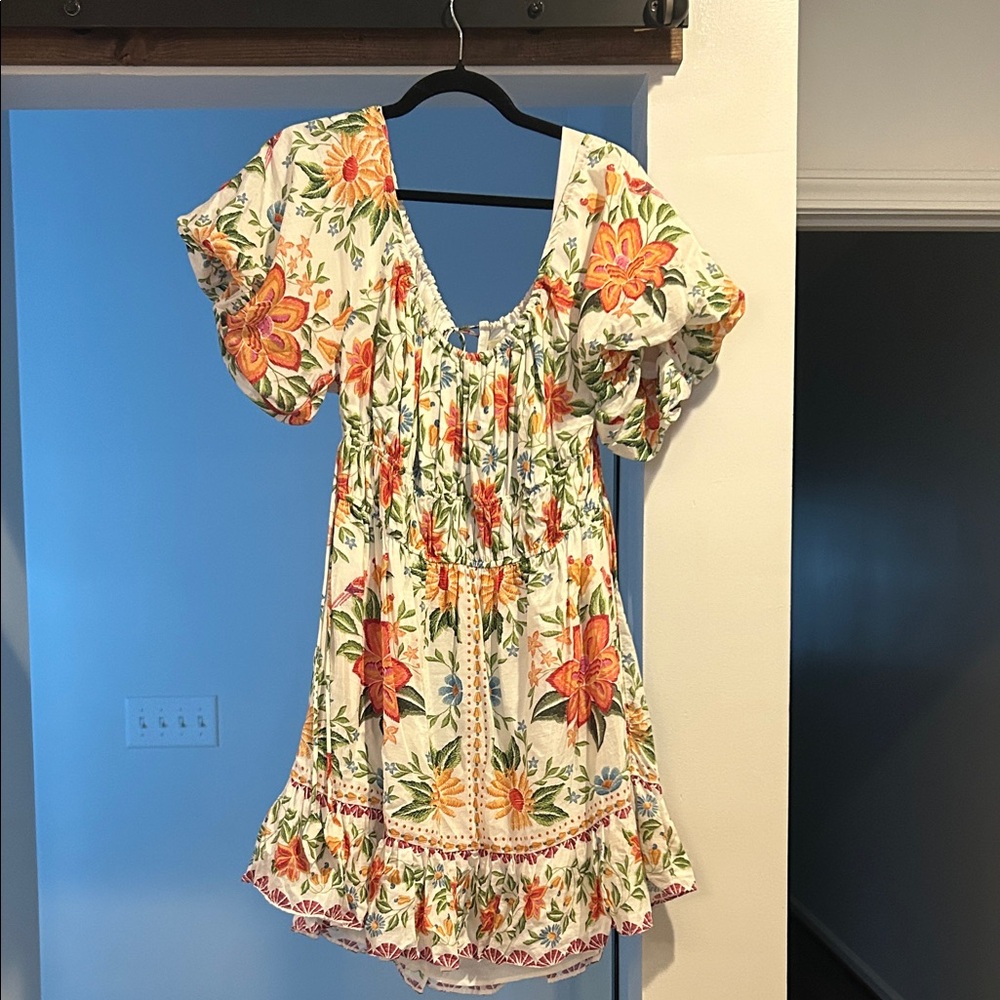 FARM Rio Floral Puff Sleeve Dress in Orange and Green